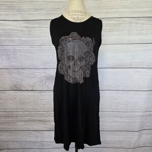 Shiny Black Sleeveless Dress with Rhinestone Skull And Rose Design